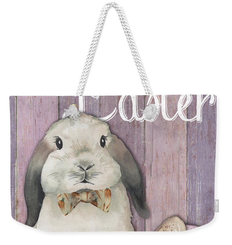 Happy Weekender Tote Bag featuring the digital art Happy Easter Bunny On Wood by Elizabeth Medley
