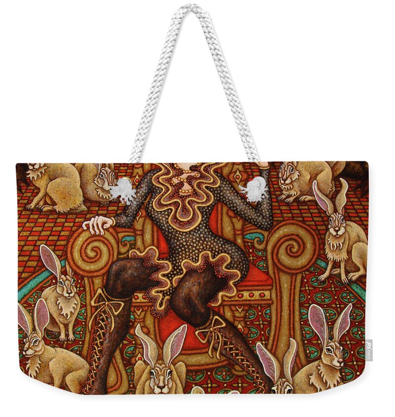 Hare Weekender Tote Bag featuring the painting Hare Majesty Awaits by Amy E Fraser