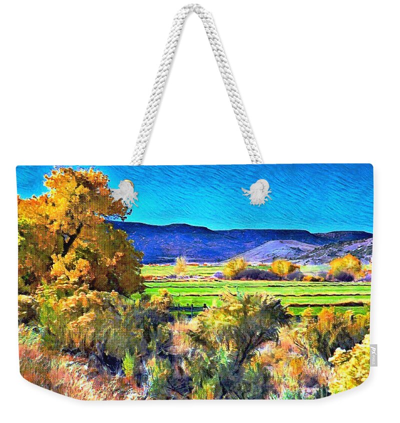 The Hay Was Baled And Sold Weekender Tote Bag featuring the digital art Harvest Time by Annie Gibbons