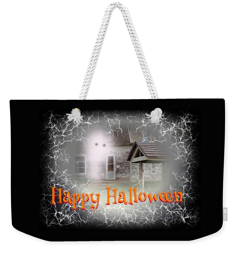 Haunted House Weekender Tote Bag featuring the digital art Haunted House Happy Halloween Card by Delynn Addams