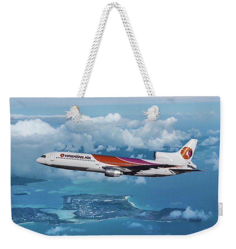 Hawaiian Airlines Weekender Tote Bag featuring the mixed media Hawaiian Airlines L-1011 Over the Islands by Erik Simonsen