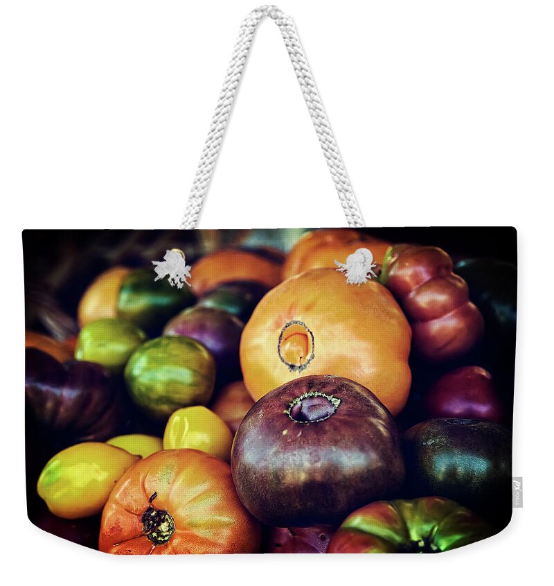 Fruit Weekender Tote Bag featuring the photograph Heirloom Tomatoes at the Farmers Market by Scott Norris