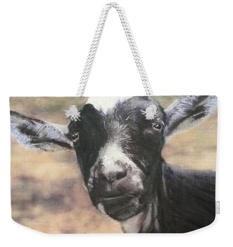 Goat Weekender Tote Bag featuring the painting Hello by Cara Frafjord