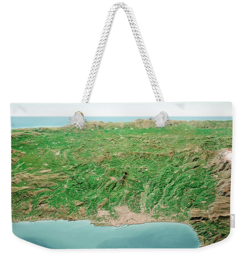 Crete Weekender Tote Bag featuring the digital art Heraklion Crete Island 3D Render Aerial Horizon View From North by Frank Ramspott