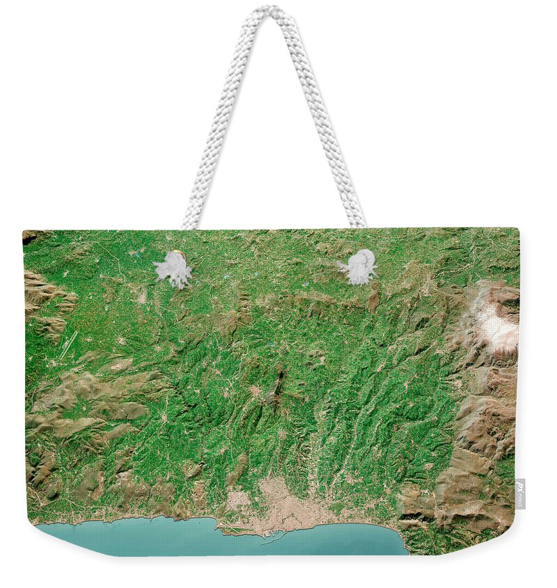 Crete Weekender Tote Bag featuring the digital art Heraklion Crete Island 3D Render Aerial Landscape View From Nort by Frank Ramspott