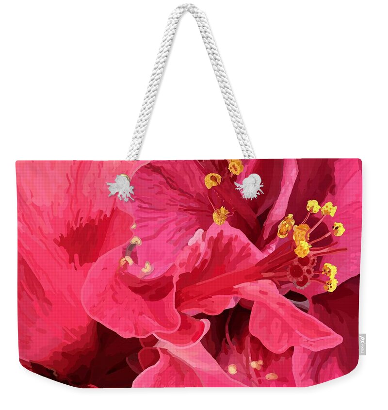 Spring Weekender Tote Bag featuring the drawing Hibiscus Large Pink Double by Joan Stratton