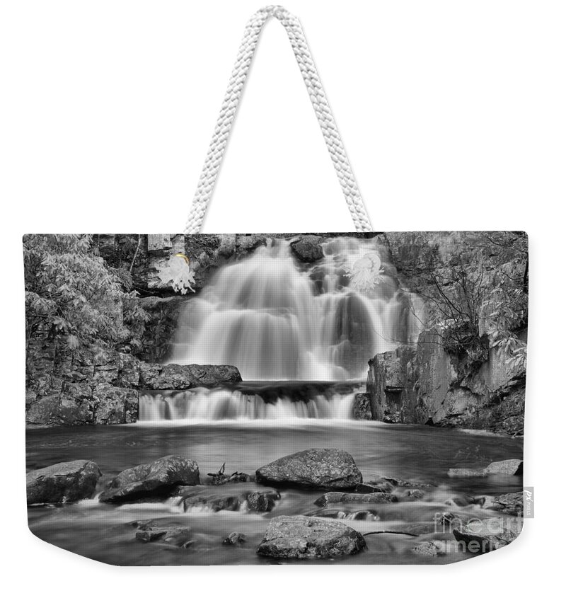 Hawk Falls Weekender Tote Bag featuring the photograph Hickory Run State Park Falls Black And White by Adam Jewell