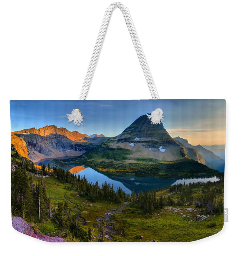 Hidden Lake Weekender Tote Bag featuring the photograph Hidden Lake Sunset Perfection Panorama by Adam Jewell