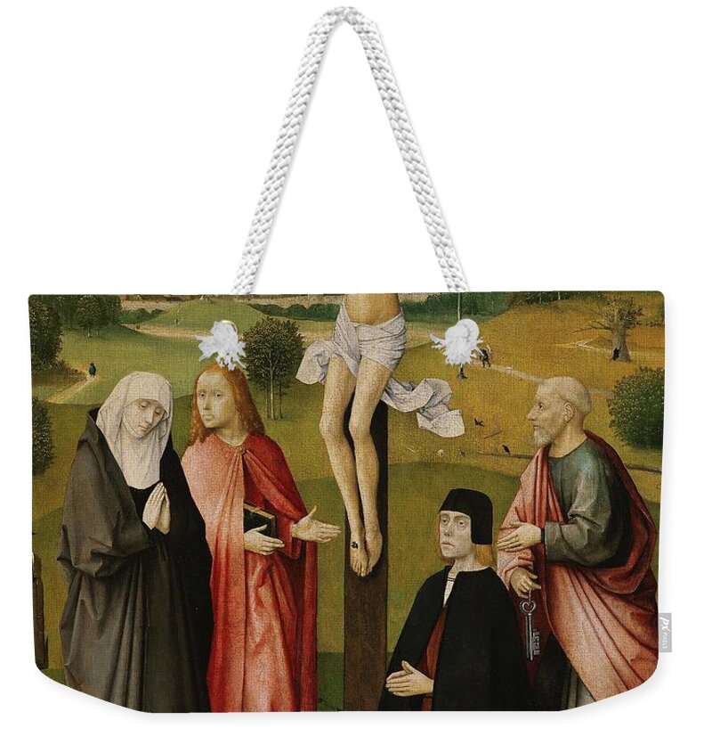 Crucifixion With A Donor Weekender Tote Bag featuring the painting Hieronymus Bosch / 'Crucifixion with a Donor', 1480-1485, Oil on wood, 74.7 x 61 cm. JESUS. by Hieronymus Bosch -c 1450-1516-