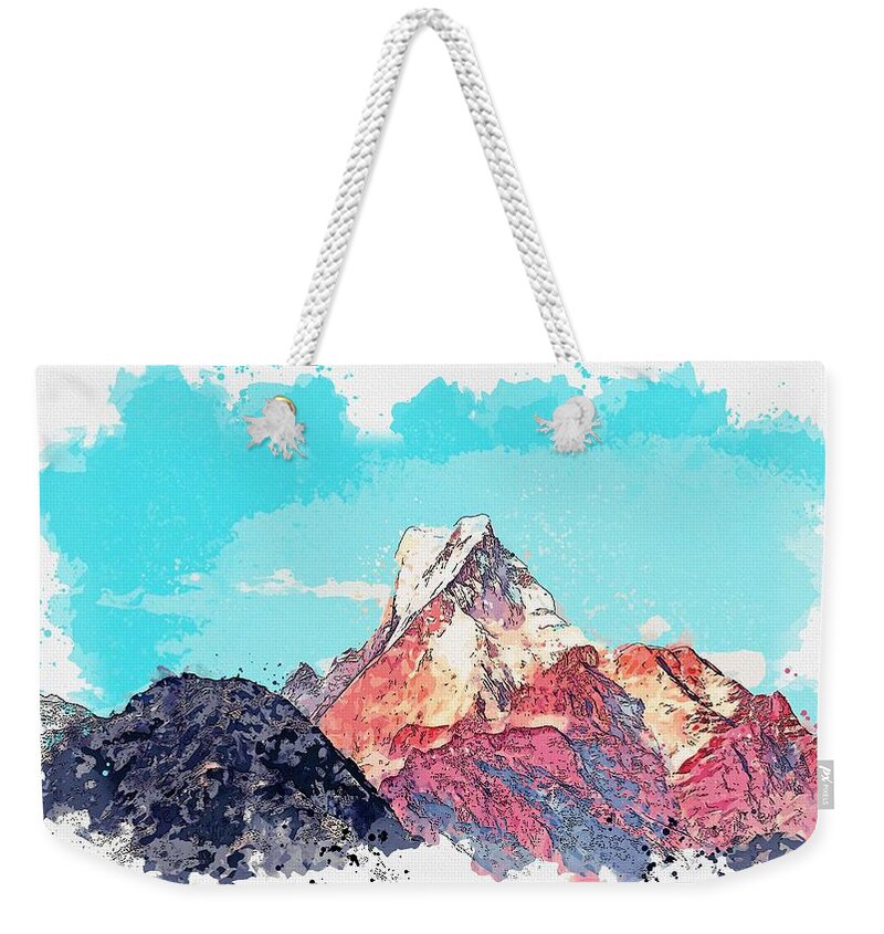 Flower Weekender Tote Bag featuring the painting Himalayas - watercolor by Adam Asar by Celestial Images