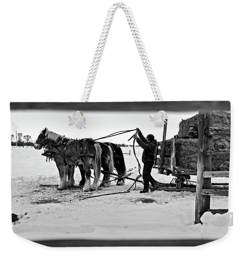 Ranch Weekender Tote Bag featuring the photograph Hitching the team of horses by Julieta Belmont