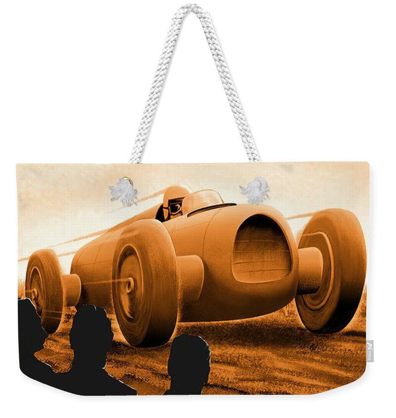 Vintage Weekender Tote Bag featuring the mixed media Hockenheim Renne Race Poster Featuring Auto Union by Retrographs