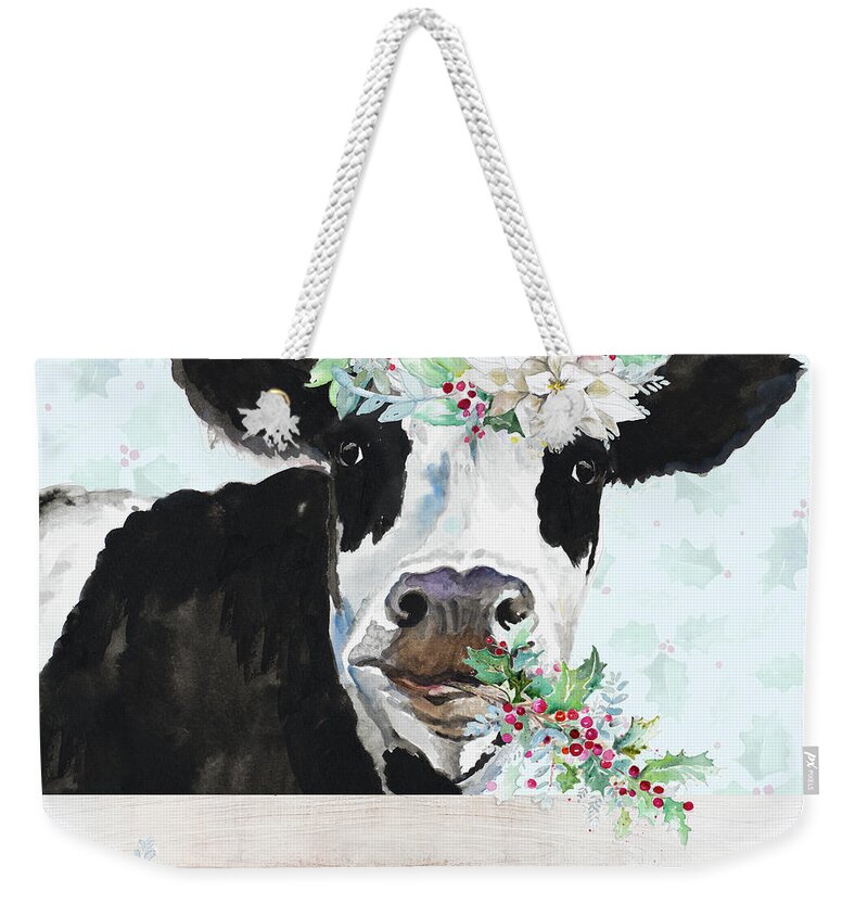 Holiday Weekender Tote Bag featuring the painting Holiday Crazy Cow by Patricia Pinto