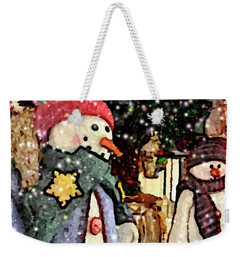 Christmas Weekender Tote Bag featuring the digital art Holly Jolly Snowman by Jackie MacNair