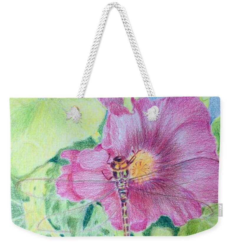 Framed Prints Weekender Tote Bag featuring the drawing Hollyhock and dragonfly by Milly Tseng