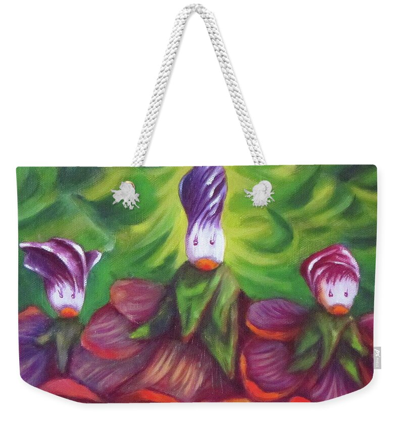 Fantasy Weekender Tote Bag featuring the painting Hollyhock Sisters by Sherry Strong