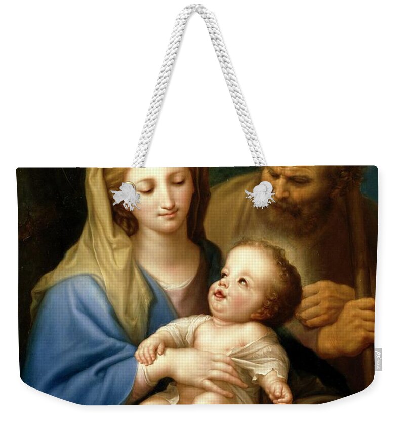 Child Jesus Weekender Tote Bag featuring the painting 'Holy Family', ca. 1776, Spanish School, Oil on panel, 108 cm x 80 cm... by Francisco Bayeu y Subias -1734-1795-