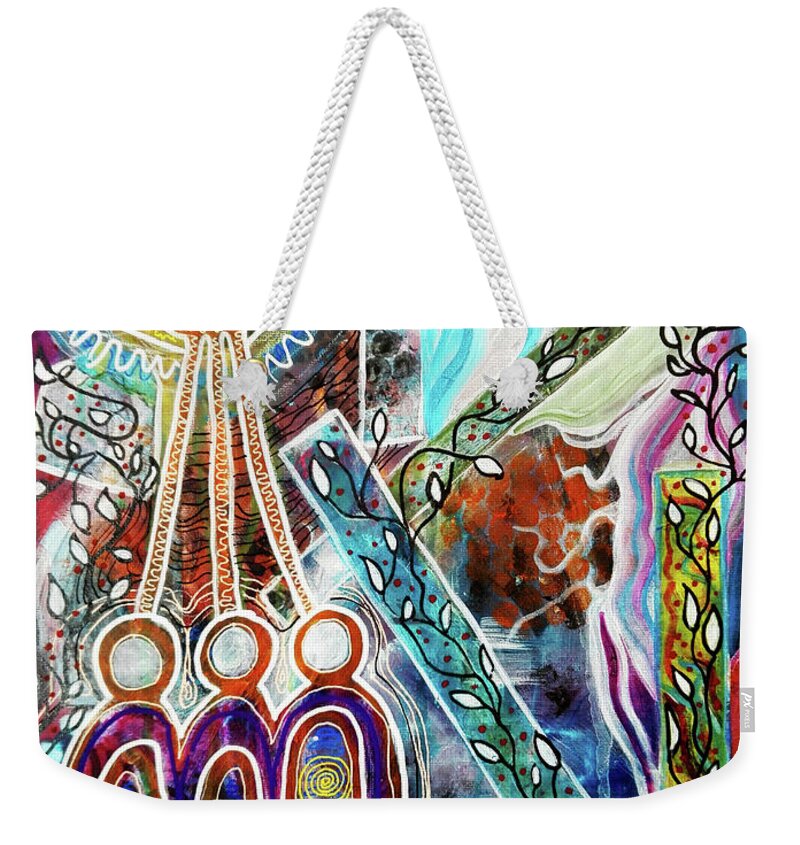 Trinity Weekender Tote Bag featuring the mixed media Holy Trinity by Mimulux Patricia No