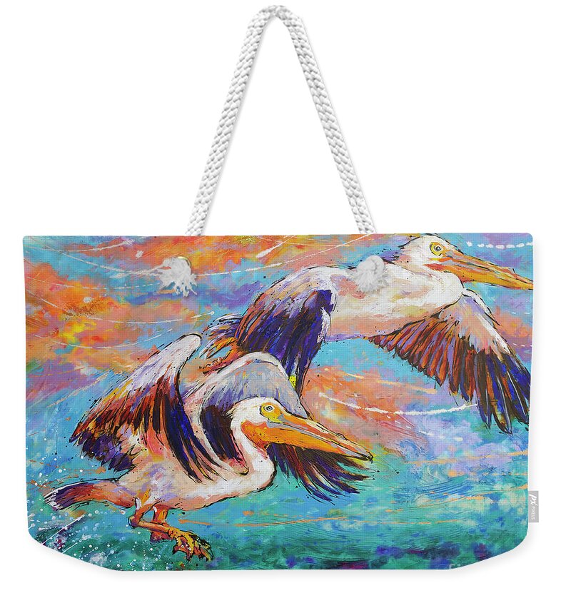  Weekender Tote Bag featuring the painting Homeward Bound Pelicans by Jyotika Shroff
