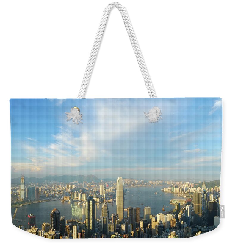 Chinese Culture Weekender Tote Bag featuring the photograph Hong Kong Skyline And Victoria Harbor Xl by Uschools