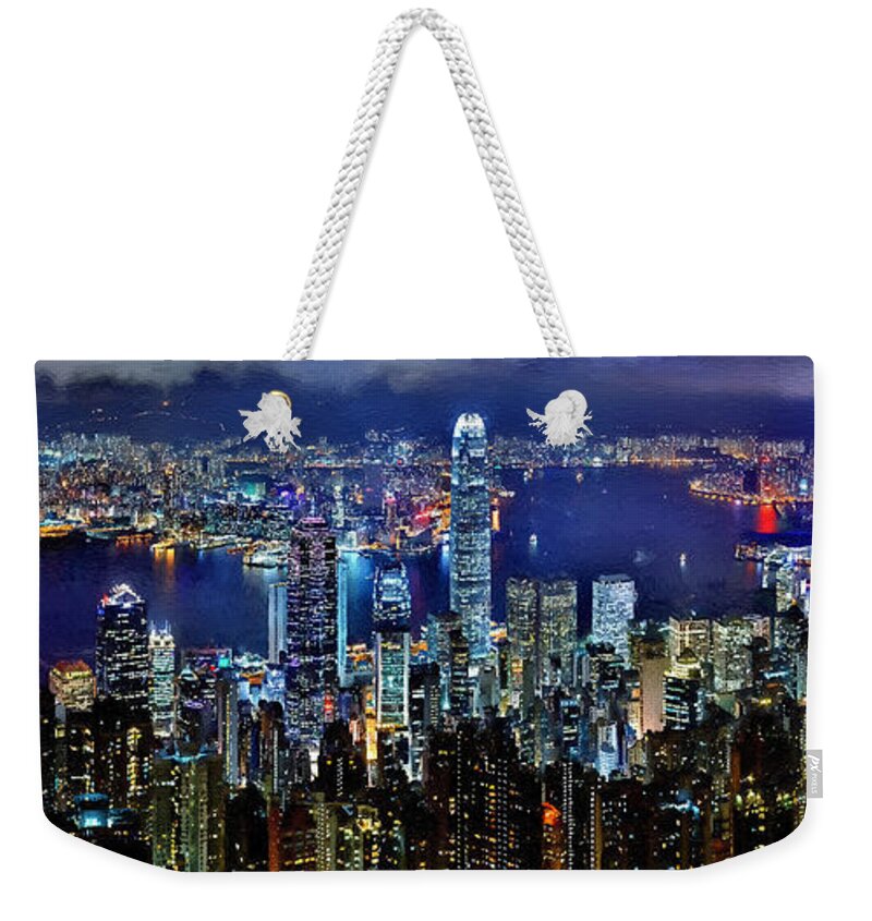 Hong Kong Weekender Tote Bag featuring the painting Hong Kong Skyline - DWP1864884 by Dean Wittle