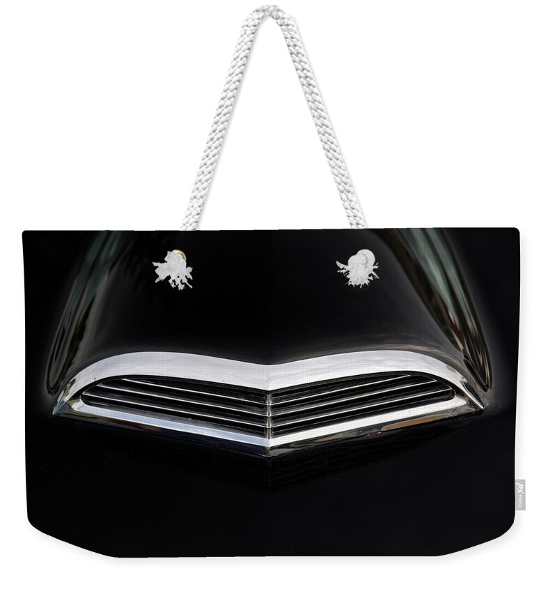 1955 55 Ford Thunderbird Dramatic Angle Perspective Car Vintage Black Weekender Tote Bag featuring the photograph Hood detail of 1955 Vintage Black Ford Thunderbird by Peter Herman
