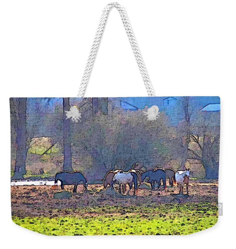 Horse Weekender Tote Bag featuring the photograph Horses Eating Hay by Robert Bissett