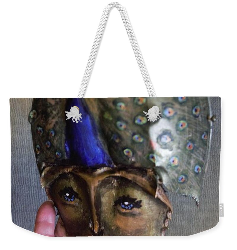 Horseshoe Crab Weekender Tote Bag featuring the mixed media Horseshoe Crab Mask Wall Piece by Roger Swezey