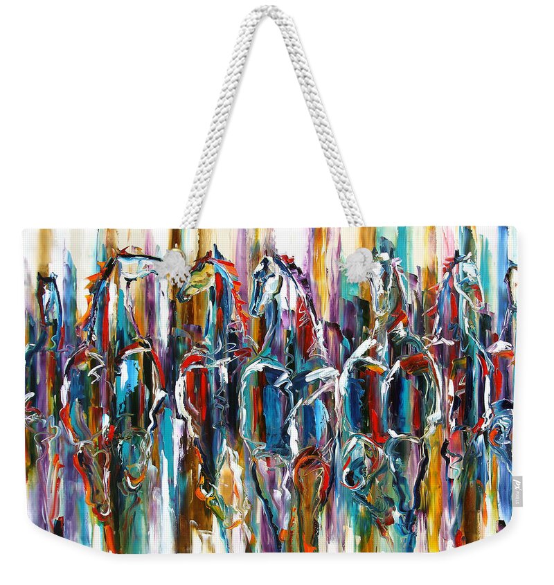 Laurie Pace Weekender Tote Bag featuring the painting Horsn' Around by Laurie Pace