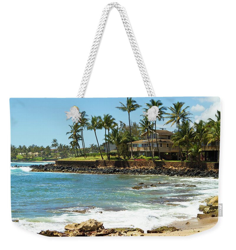 Water's Edge Weekender Tote Bag featuring the photograph House With Palm Trees Facing Blue by Kubrak78