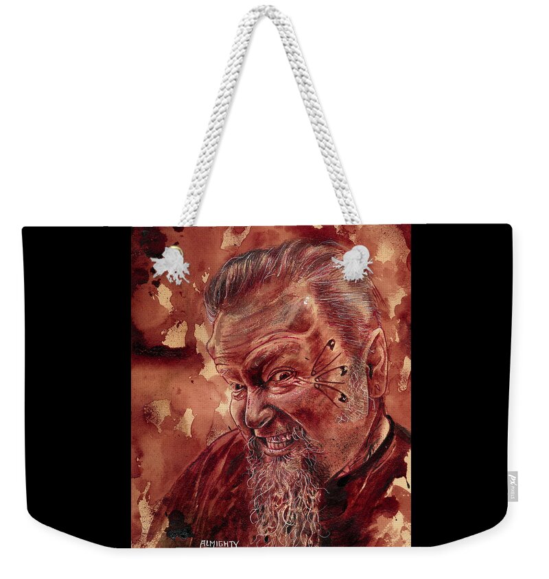 Ryan Almighty Weekender Tote Bag featuring the painting Human Blood Artist Self Portrait - dry blood by Ryan Almighty