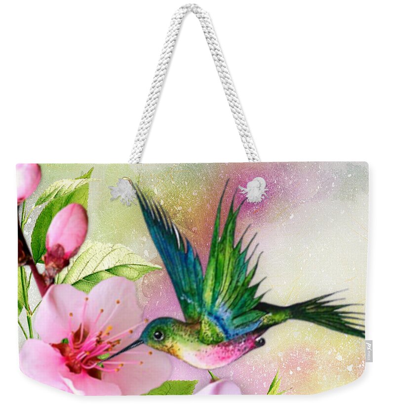 Hummingbird Weekender Tote Bag featuring the mixed media Hummingbird on Pink Blossom by Morag Bates