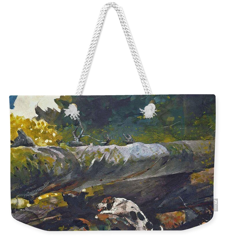 Winslow Homer Weekender Tote Bag featuring the drawing Hunting Dog among dead Trees by Winslow Homer