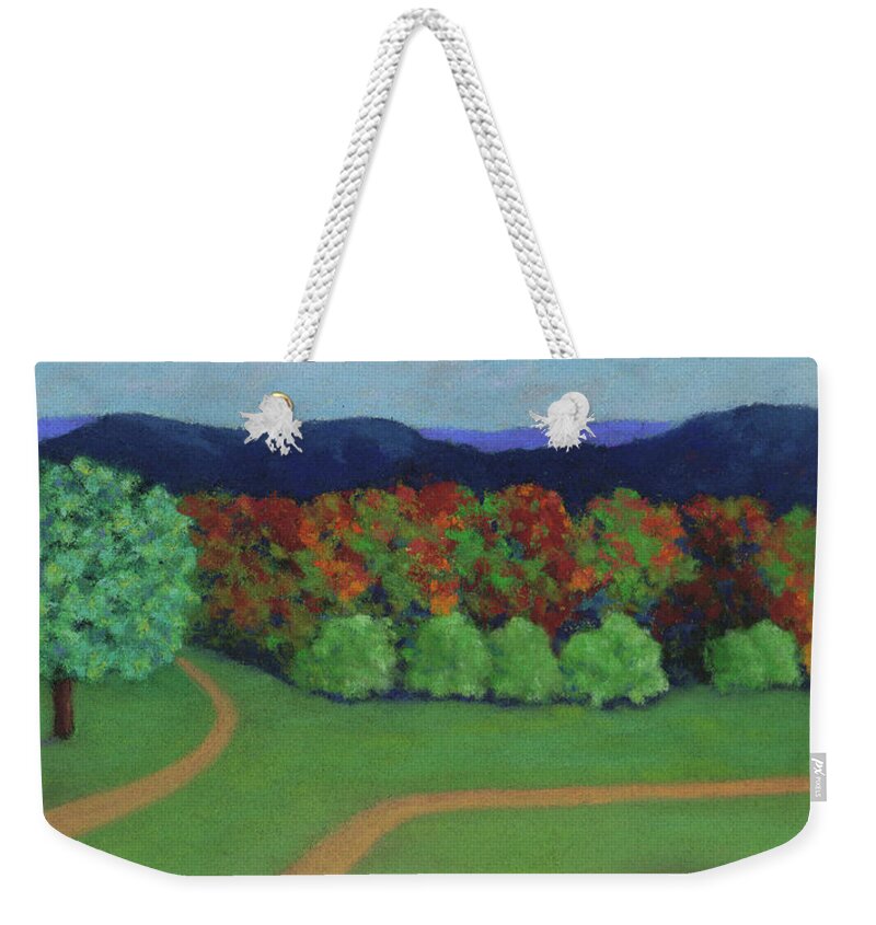 Pleinair Weekender Tote Bag featuring the pastel Hutchins Farm in Fall by Anne Katzeff