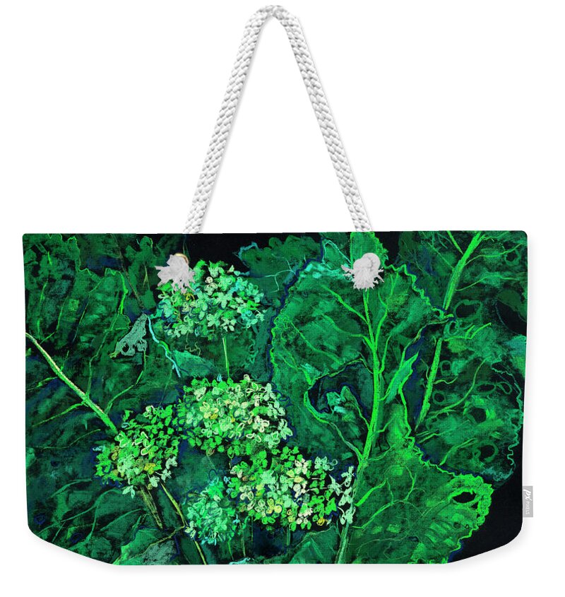 Summer Greenery Weekender Tote Bag featuring the pastel Hydrangea and Horseradish by Julia Khoroshikh