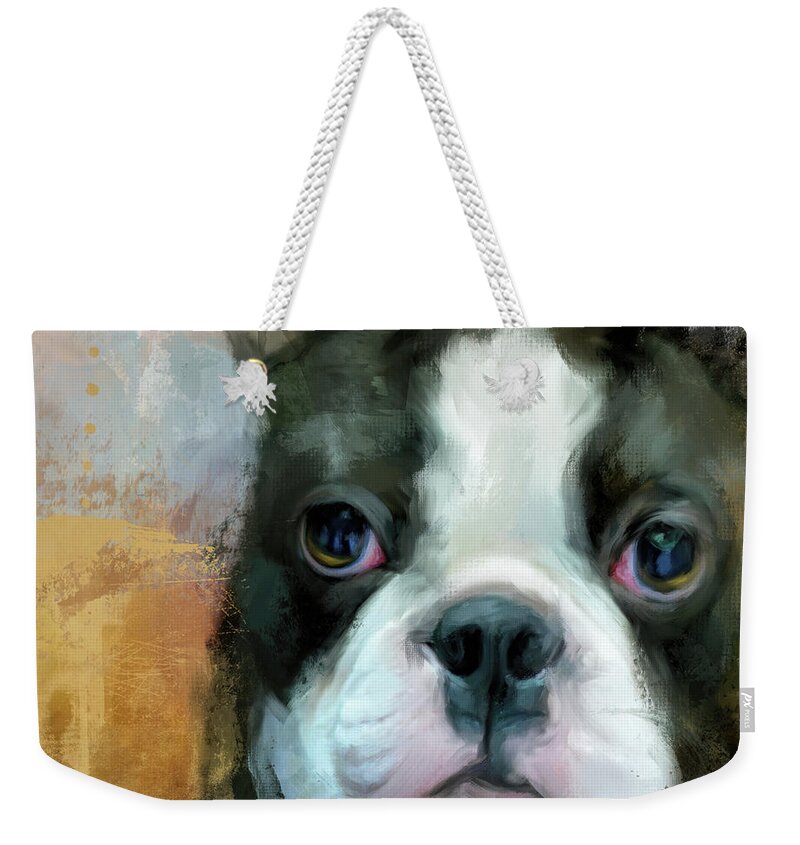 Colorful Weekender Tote Bag featuring the painting I Adore You Boston Terrier Art by Jai Johnson