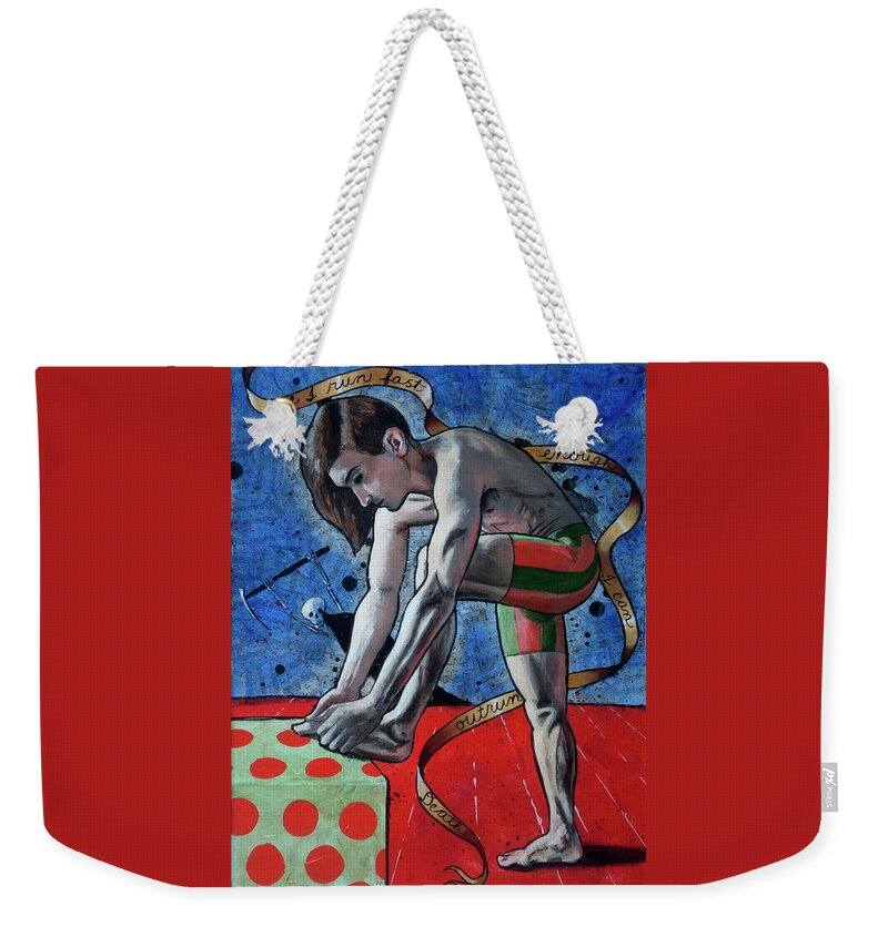 Athlete Weekender Tote Bag featuring the painting I Can Outrun Death by Pauline Lim