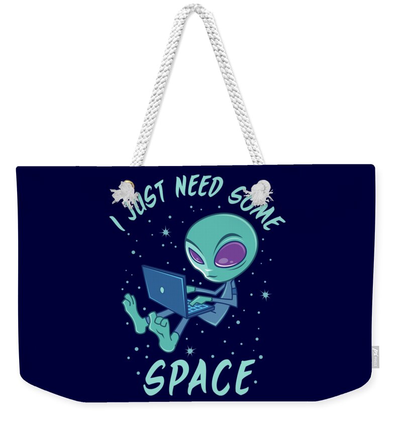 Alien Weekender Tote Bag featuring the digital art I Just Need Some Space Alien with Laptop by John Schwegel