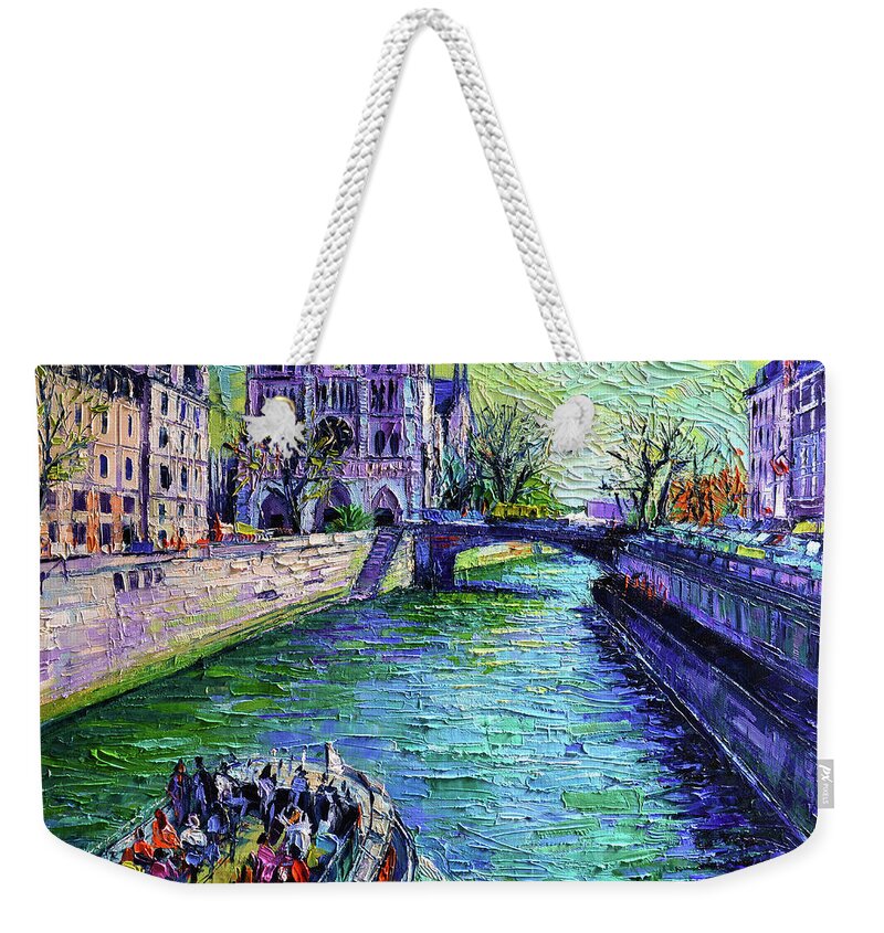 I Love Paris In The Springtime Weekender Tote Bag featuring the painting I Love Paris in the Springtime - Notre Dame de Paris and La Seine by Mona Edulesco