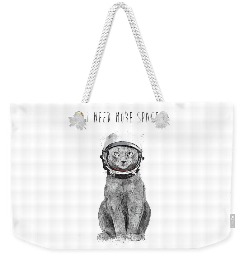 Cat Weekender Tote Bag featuring the drawing I need more space by Balazs Solti