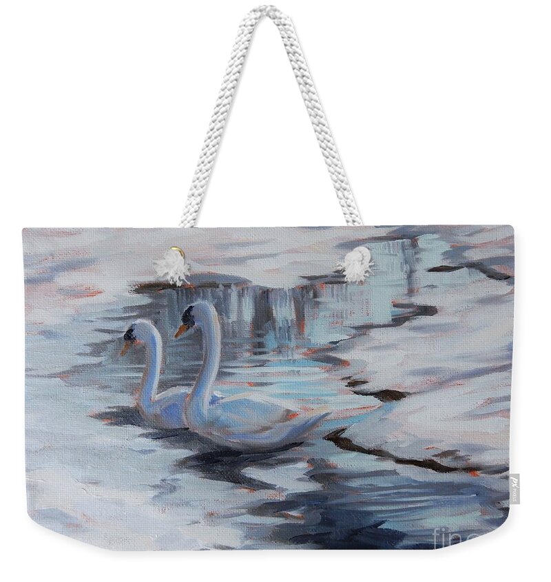 Swan Weekender Tote Bag featuring the painting Ice and White Feathers by K M Pawelec