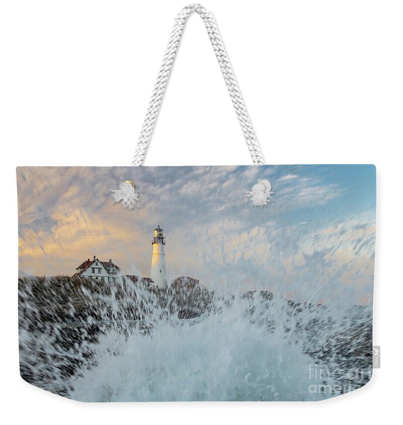 Portland Head Light Weekender Tote Bag featuring the photograph Iconic Portland Head Light With A Splash of Energy by Wayne Moran