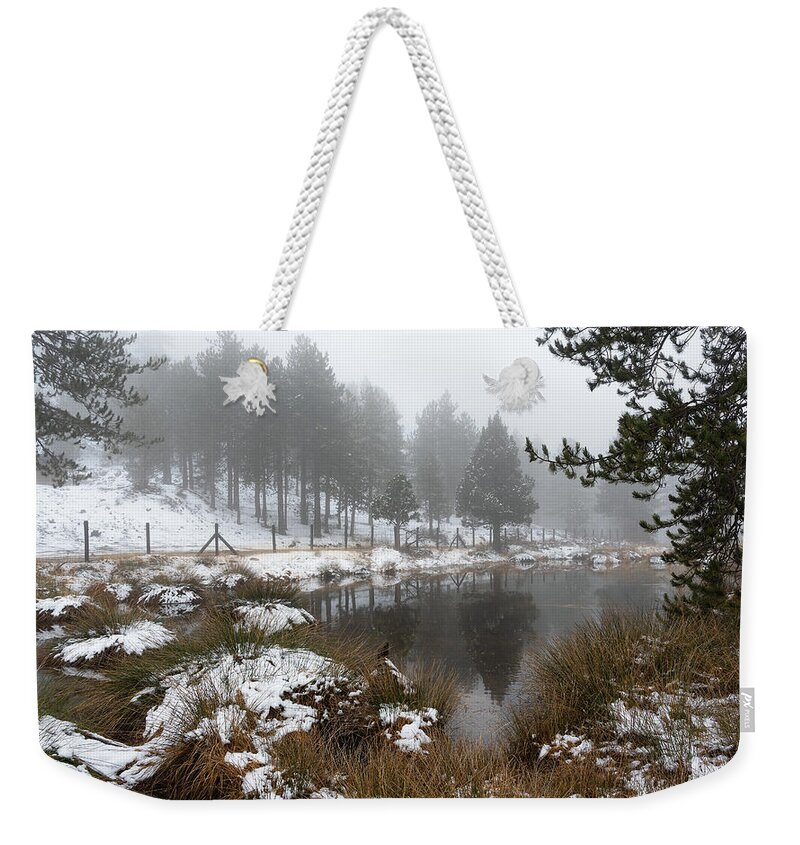 Wintertime Weekender Tote Bag featuring the photograph Idyllic winter forest landscape at Troodos Mountains, Cyprus by Michalakis Ppalis