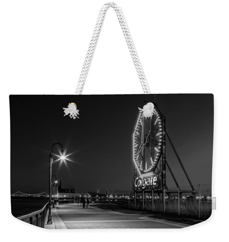 Colgate Clock Weekender Tote Bag featuring the photograph Illuminated Colgate Clock BW by Susan Candelario