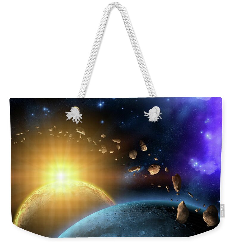 Scenics Weekender Tote Bag featuring the digital art Illustration Of The Earth, Moon, Sun by Kalistratova
