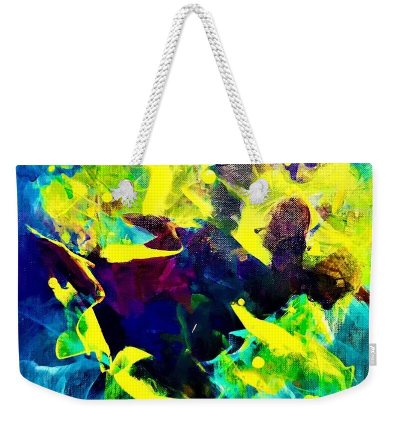 #abstract #abstract #contemporaryart #modernart #yellow #blue Weekender Tote Bag featuring the painting Imaginary World by Allison Constantino