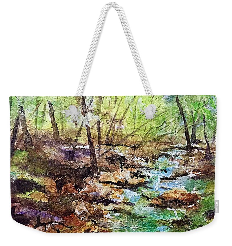 Stream Weekender Tote Bag featuring the painting Impression of a Mountain Stream Roundtop,NY by Ellen Levinson