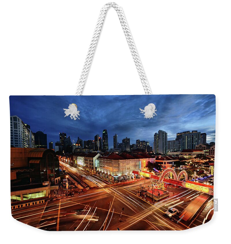 Chinatown Weekender Tote Bag featuring the photograph Impressive Water Dragon On Street by Andrew Jk Tan