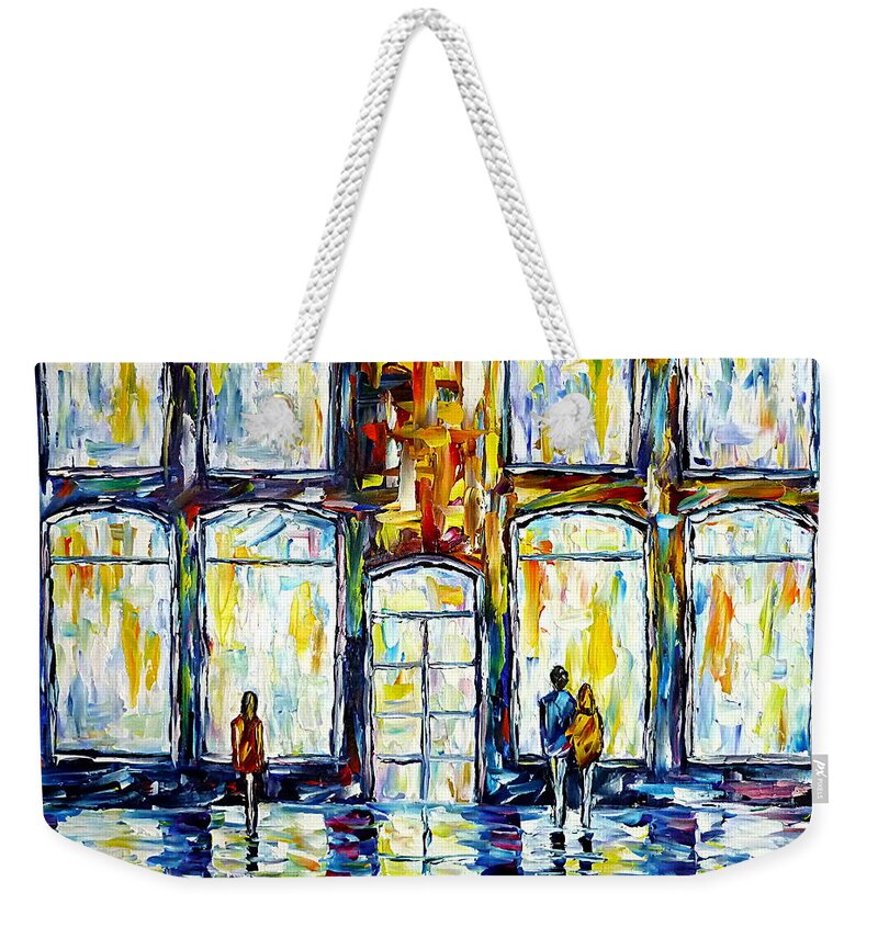 City Life Weekender Tote Bag featuring the painting In Front Of Shop Windows by Mirek Kuzniar
