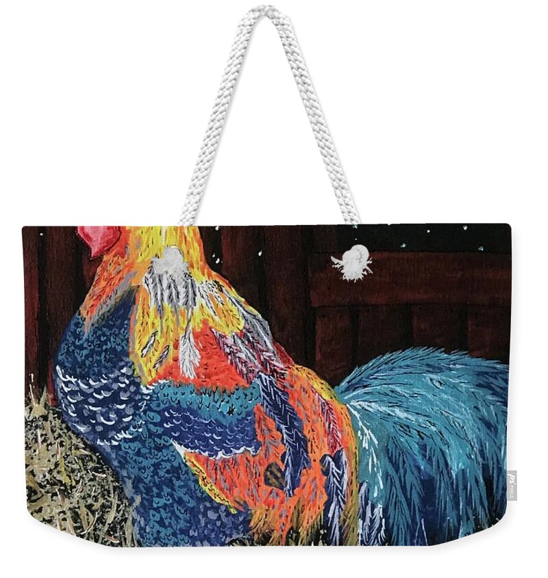 Colorful Rooster Weekender Tote Bag featuring the painting In The Barn by Kathy Marrs Chandler